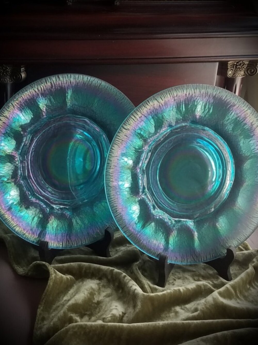 Antique Stretch Glass Salad/Dessert Plates Imperial Iridescent Teal 8.25” Set 2